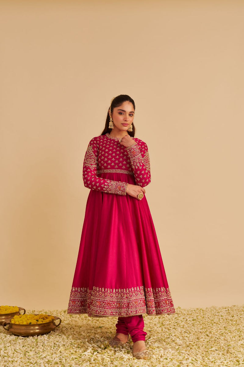 Noor - Dabka Zardozi Embroidered Chanderi Silk Hotpink Anarkali Set silk by SHEETAL BATRA in pink color for women in Singapore