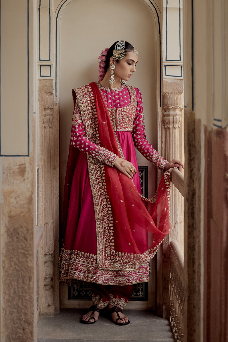 Noor - Dabka Zardozi Embroidered Chanderi Silk Hotpink Anarkali Set silk by SHEETAL BATRA in pink color for women in Singapore