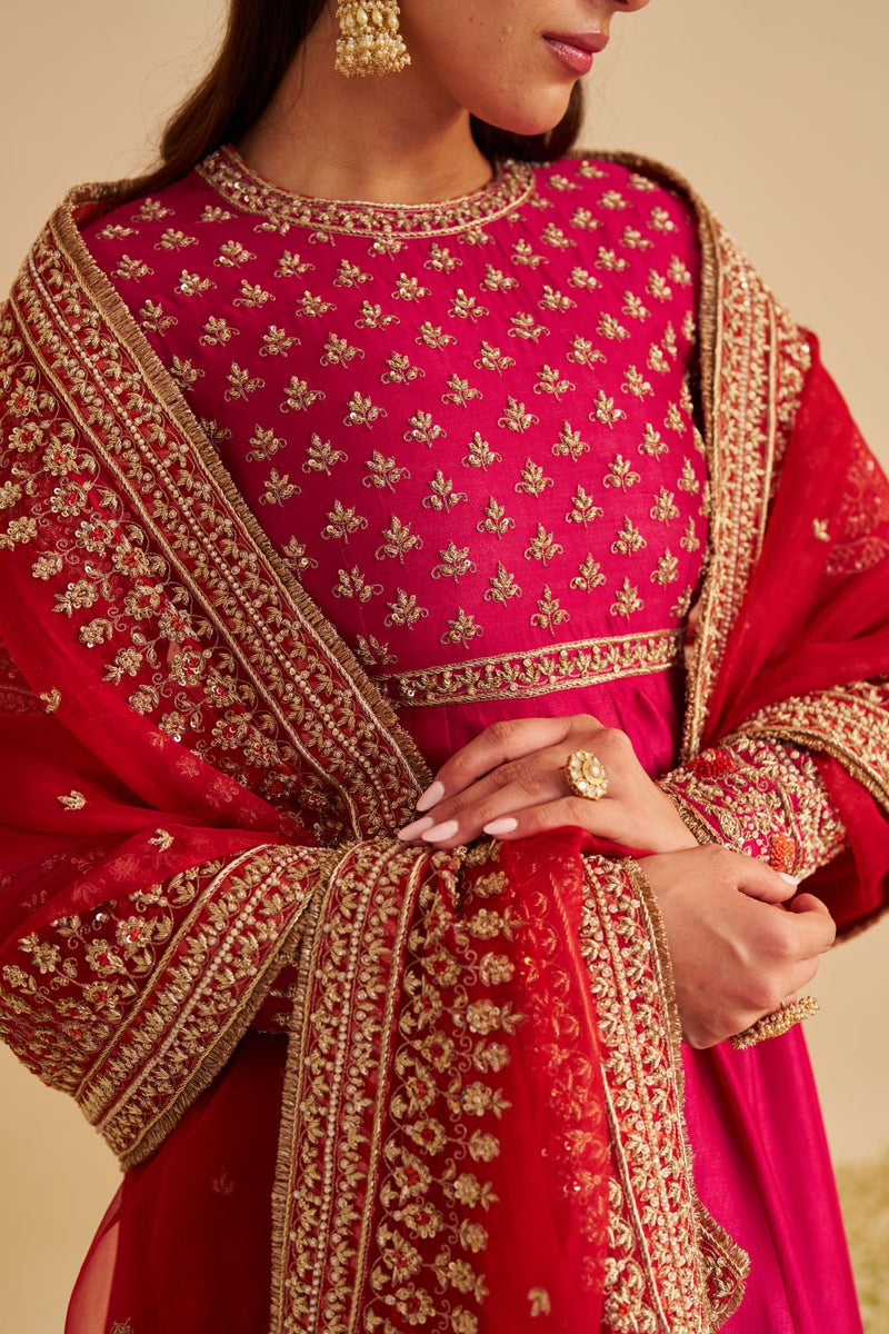Noor - Dabka Zardozi Embroidered Chanderi Silk Hotpink Anarkali Set silk by SHEETAL BATRA in pink color for women in Singapore