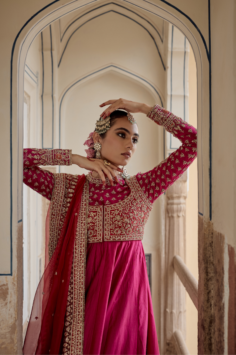 Noor - Dabka Zardozi Embroidered Chanderi Silk Hotpink Anarkali Set silk by SHEETAL BATRA in pink color for women in Singapore
