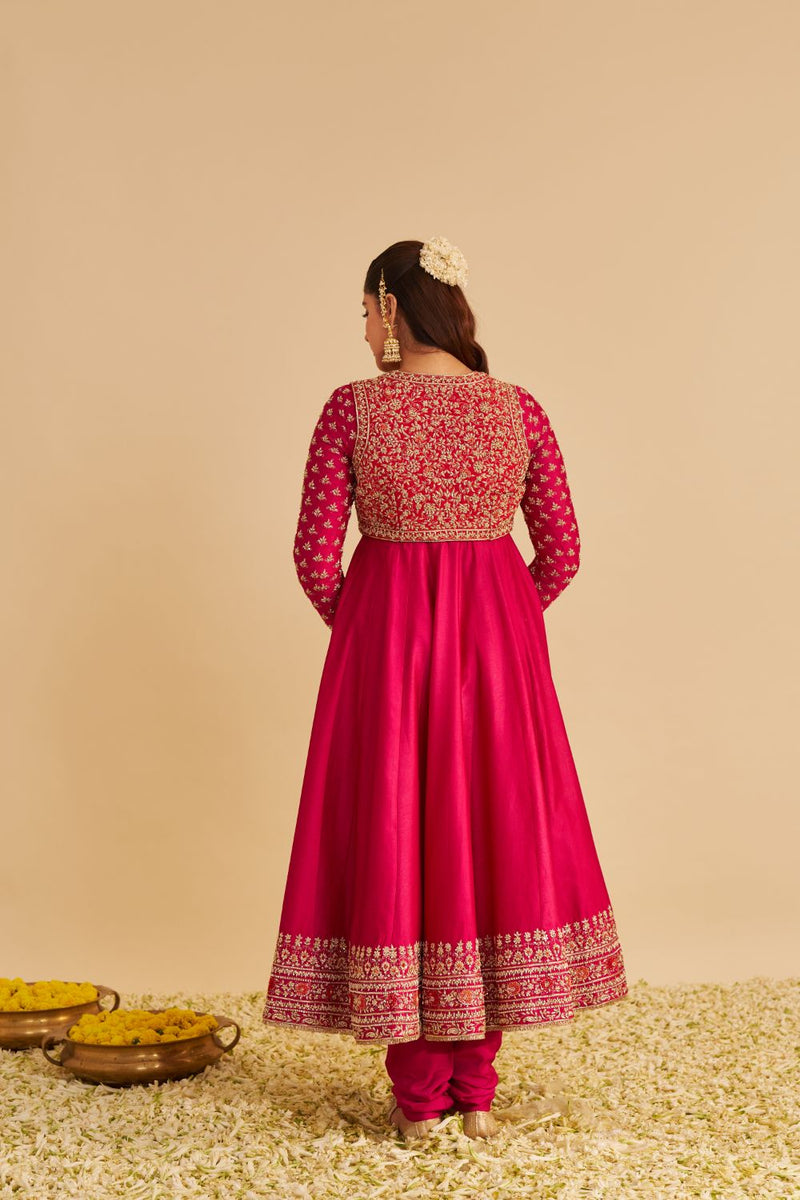 Noor - Dabka Zardozi Embroidered Chanderi Silk Hotpink Anarkali Set silk by SHEETAL BATRA in pink color for women in Singapore