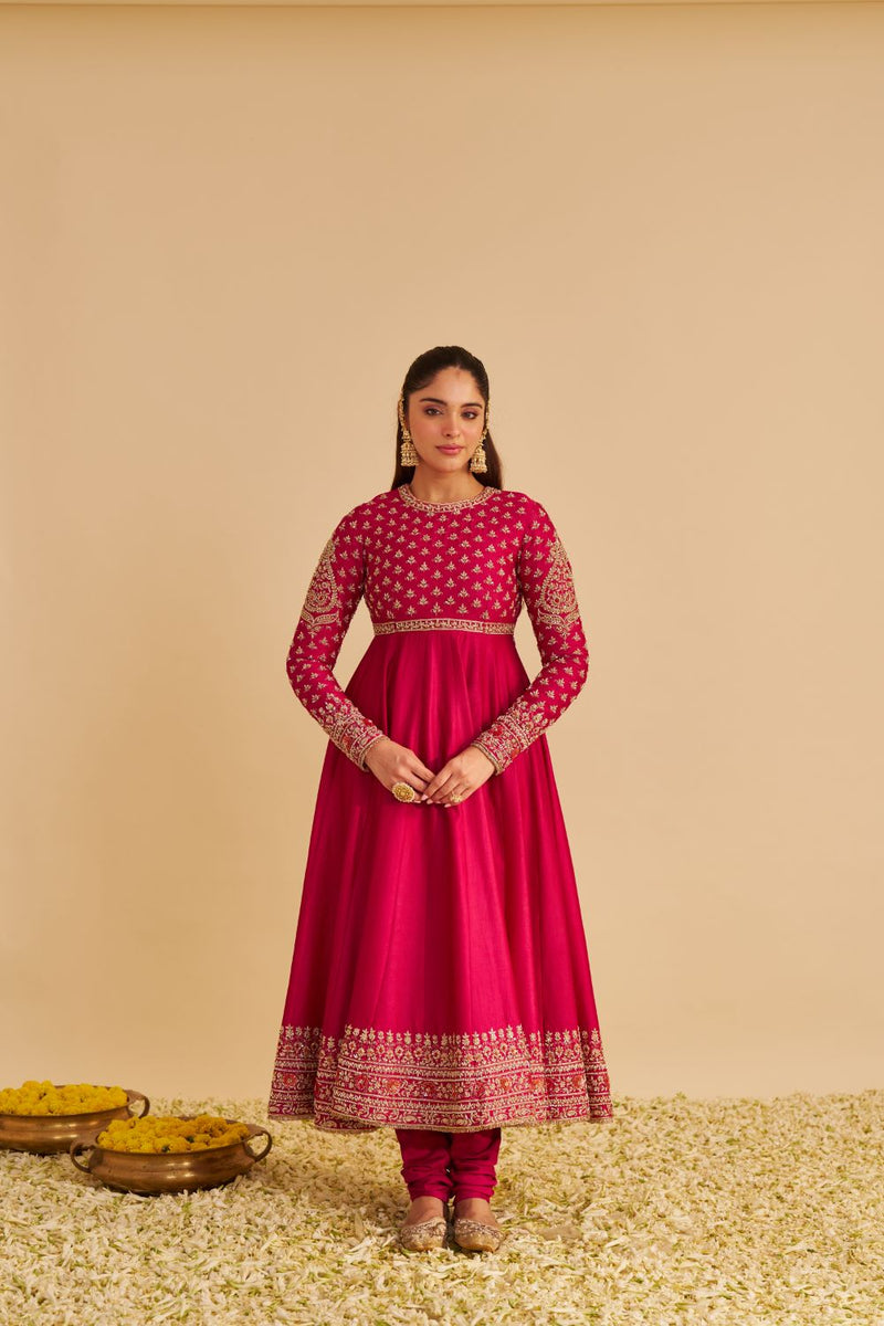 Noor - Dabka Zardozi Embroidered Chanderi Silk Hotpink Anarkali Set silk by SHEETAL BATRA in pink color for women in Singapore