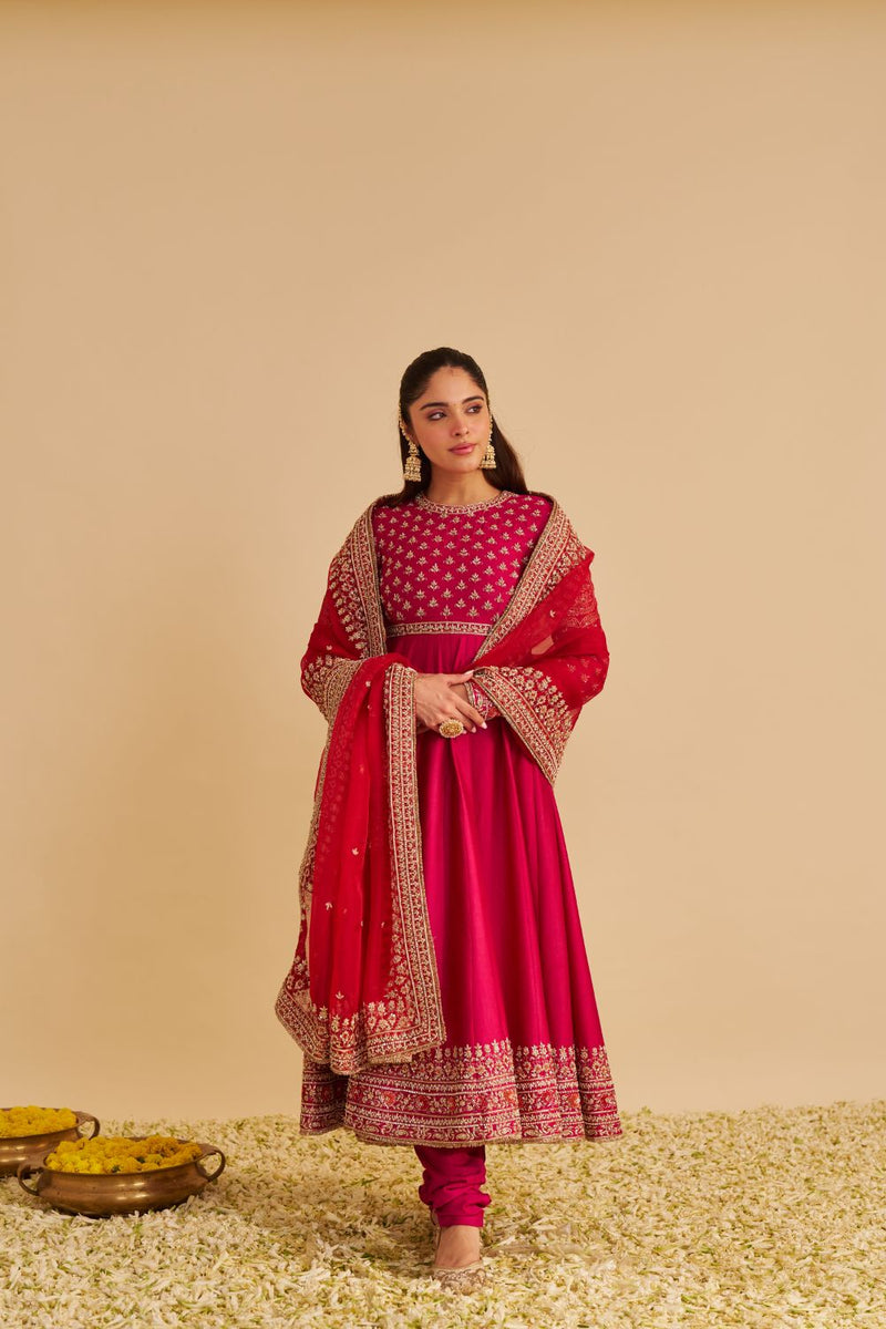Noor - Dabka Zardozi Embroidered Chanderi Silk Hotpink Anarkali Set silk by SHEETAL BATRA in pink color for women in Singapore
