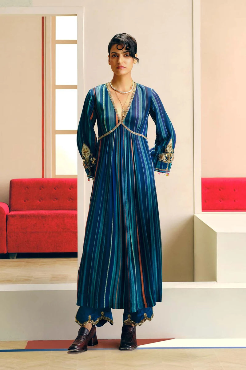 RRFP26-7 RR129409 STRIPE ALIA CUT KURTA SET (TEAL BLUE)-Size L