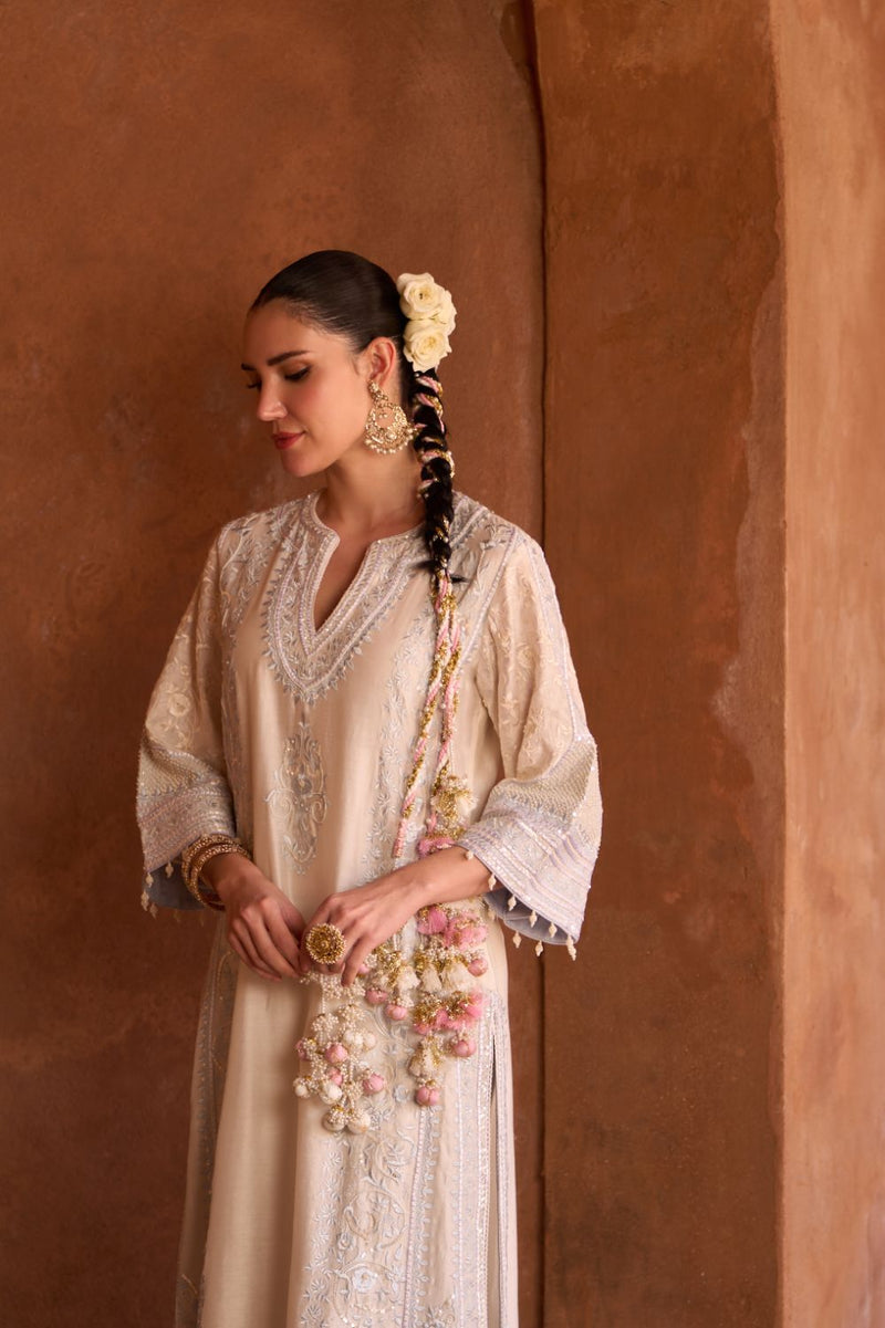 NURVI - DAISY IVORY WITH BLUE LONG A-LINE KURTA WITH PALAZZO AND DUPATTA silk organza kurta/kurta set by SHEETAL BATRA in daisy ivory with blue for women in Singapore