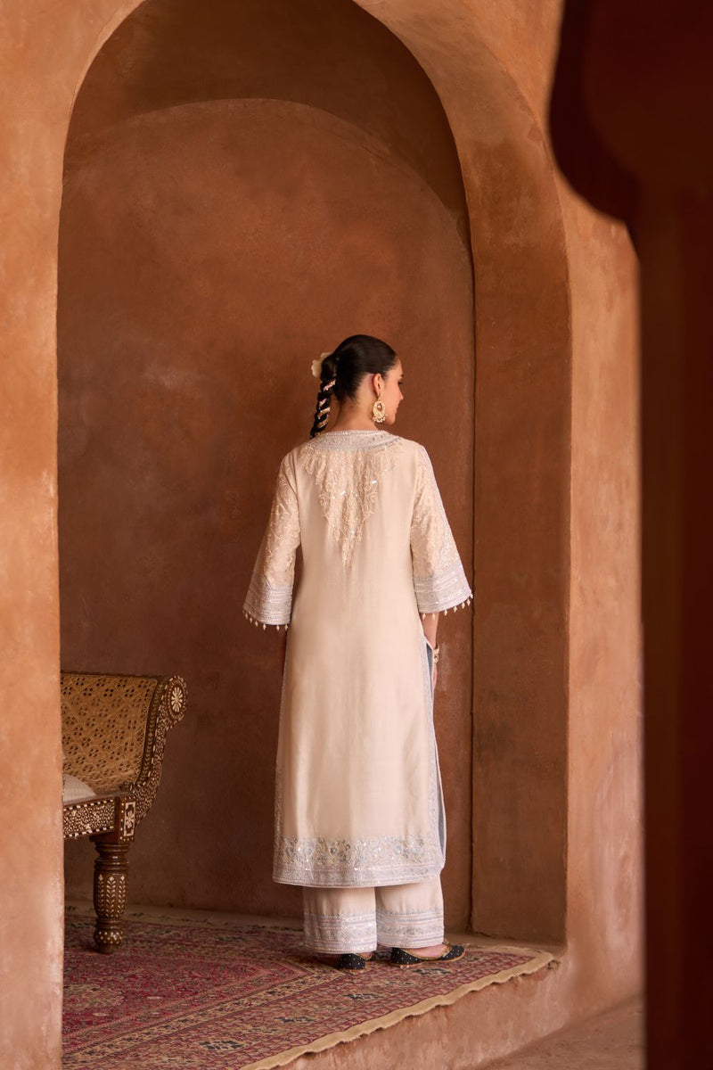 NURVI - DAISY IVORY WITH BLUE LONG A-LINE KURTA WITH PALAZZO AND DUPATTA silk organza kurta/kurta set by SHEETAL BATRA in daisy ivory with blue for women in Singapore