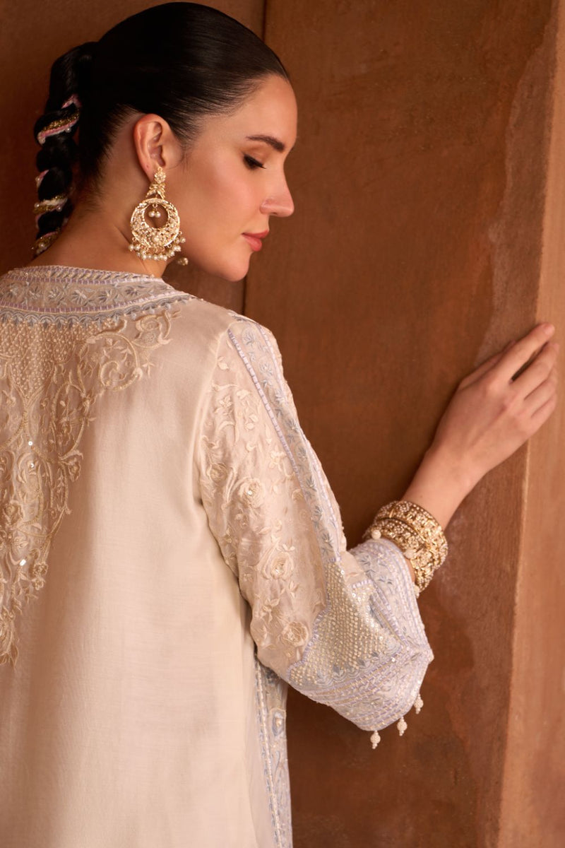 NURVI - DAISY IVORY WITH BLUE LONG A-LINE KURTA WITH PALAZZO AND DUPATTA silk organza kurta/kurta set by SHEETAL BATRA in daisy ivory with blue for women in Singapore