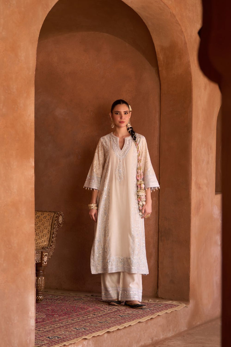 NURVI - DAISY IVORY WITH BLUE LONG A-LINE KURTA WITH PALAZZO AND DUPATTA silk organza kurta/kurta set by SHEETAL BATRA in daisy ivory with blue for women in Singapore