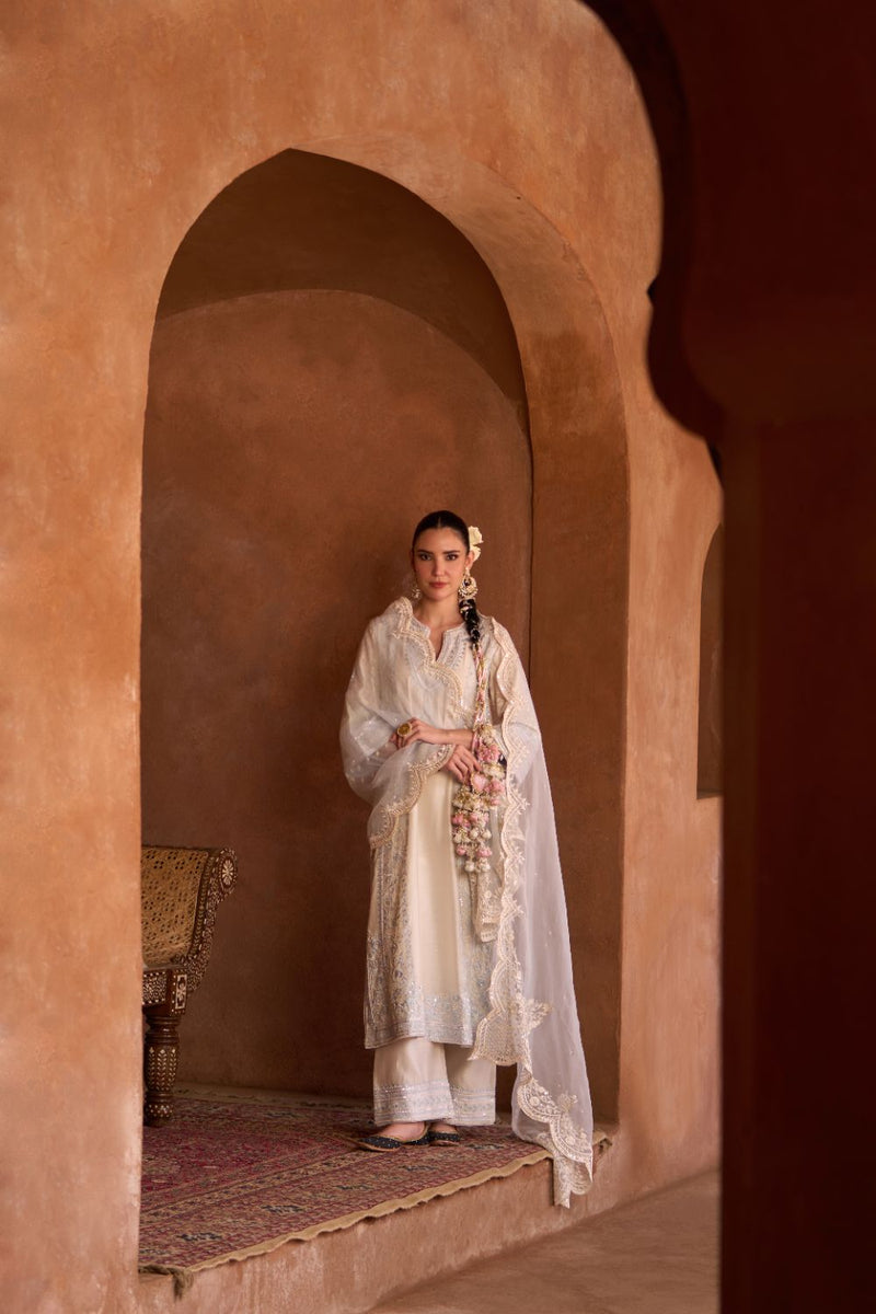 NURVI - DAISY IVORY WITH BLUE LONG A-LINE KURTA WITH PALAZZO AND DUPATTA silk organza kurta/kurta set by SHEETAL BATRA in daisy ivory with blue for women in Singapore