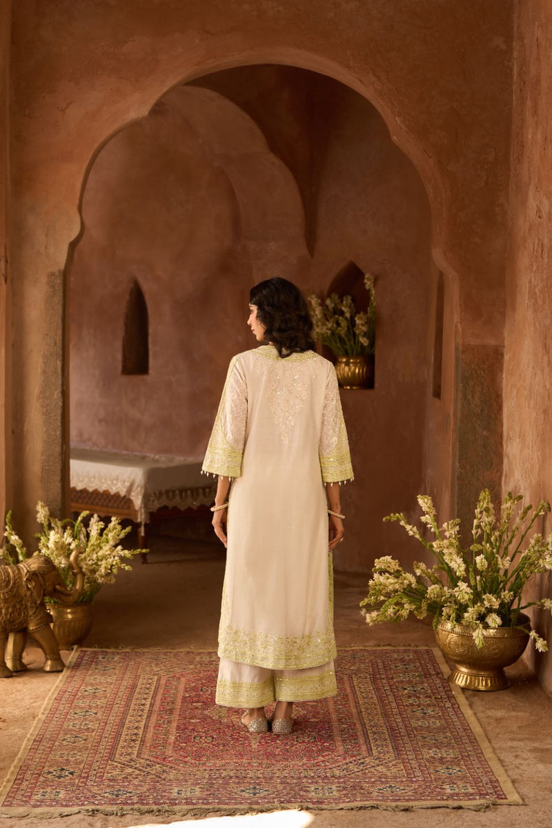 NURVI - DAISY IVORY WITH MINT GREEN LONG A-LINE KURTA WITH PALAZZO AND DUPATTA silk organza kurta/kurta set by SHEETAL BATRA in daisy ivory with mint green for women in Singapore
