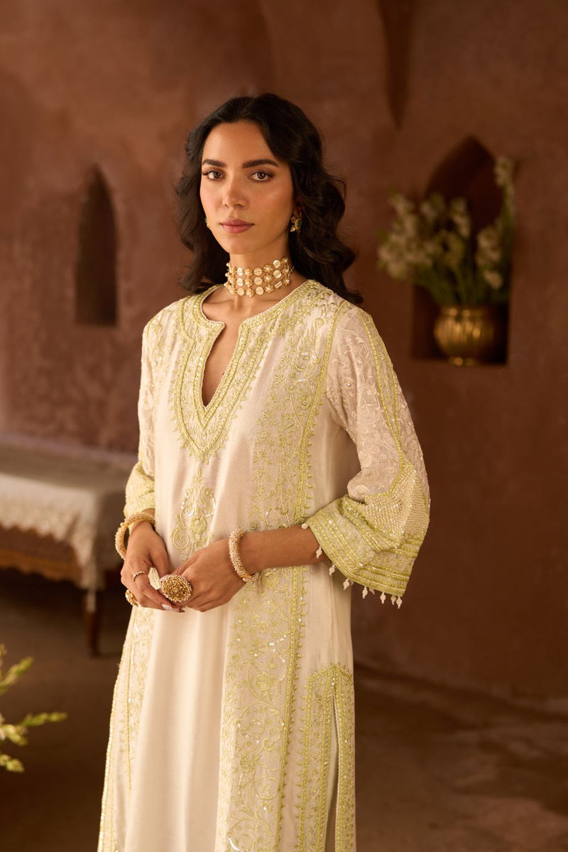 NURVI - DAISY IVORY WITH MINT GREEN LONG A-LINE KURTA WITH PALAZZO AND DUPATTA silk organza kurta/kurta set by SHEETAL BATRA in daisy ivory with mint green for women in Singapore