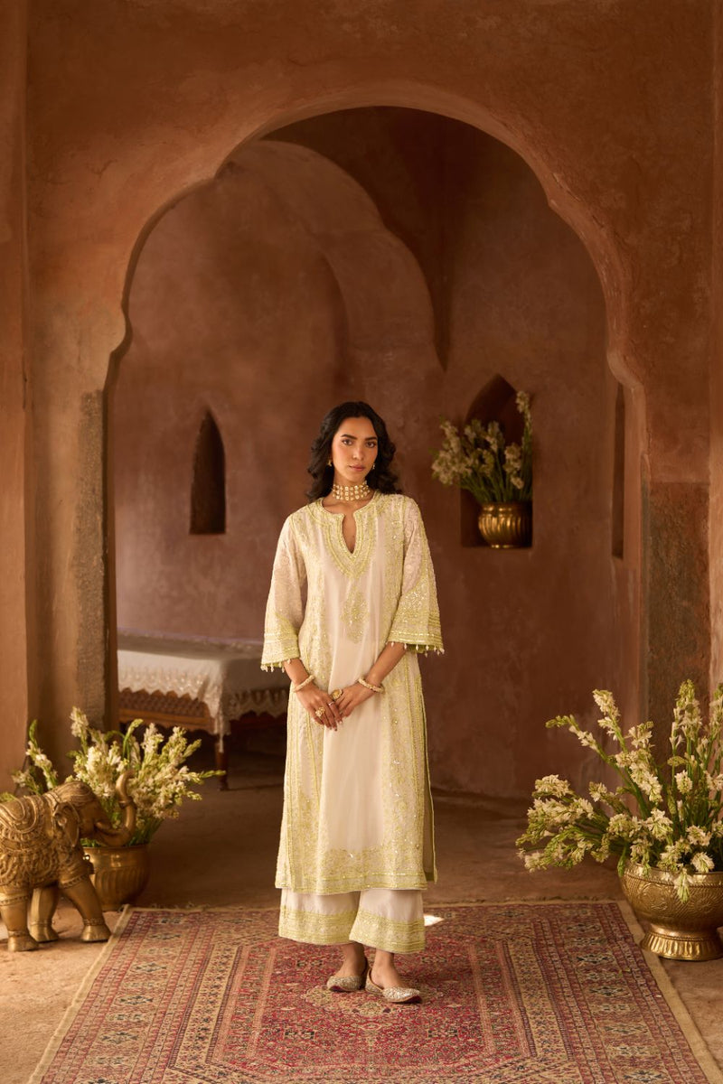 NURVI - DAISY IVORY WITH MINT GREEN LONG A-LINE KURTA WITH PALAZZO AND DUPATTA silk organza kurta/kurta set by SHEETAL BATRA in daisy ivory with mint green for women in Singapore