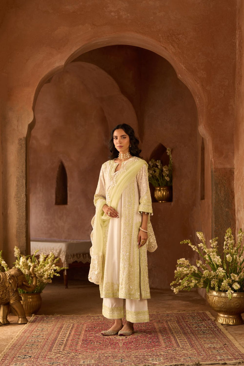 NURVI - DAISY IVORY WITH MINT GREEN LONG A-LINE KURTA WITH PALAZZO AND DUPATTA silk organza kurta/kurta set by SHEETAL BATRA in daisy ivory with mint green for women in Singapore