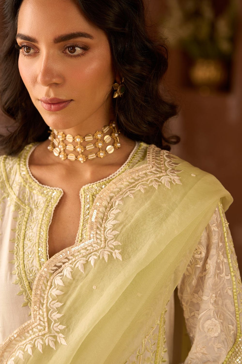 NURVI - DAISY IVORY WITH MINT GREEN LONG A-LINE KURTA WITH PALAZZO AND DUPATTA silk organza kurta/kurta set by SHEETAL BATRA in daisy ivory with mint green for women in Singapore