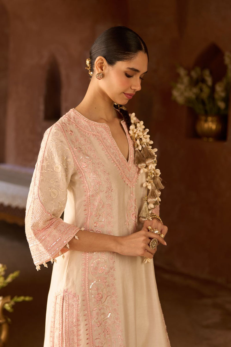 NURVI - DAISY IVORY WITH PINK LONG A-LINE KURTA WITH PALAZZO AND DUPATTA silk organza kurta/kurta set by SHEETAL BATRA in daisy ivory with pink for women in Singapore