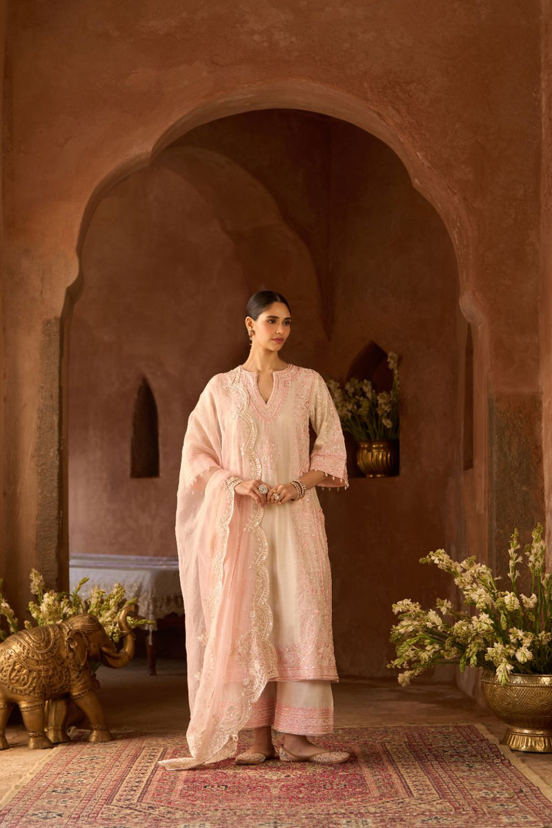 NURVI - DAISY IVORY WITH PINK LONG A-LINE KURTA WITH PALAZZO AND DUPATTA silk organza kurta/kurta set by SHEETAL BATRA in daisy ivory with pink for women in Singapore