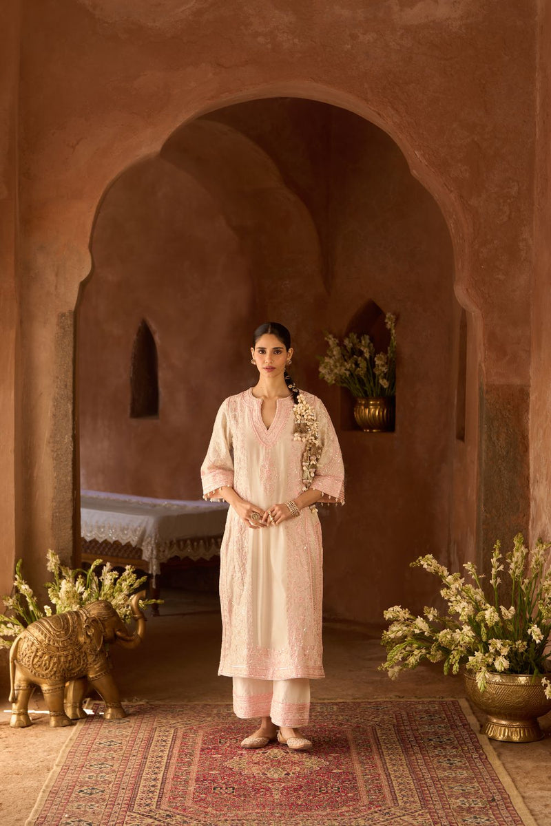 NURVI - DAISY IVORY WITH PINK LONG A-LINE KURTA WITH PALAZZO AND DUPATTA silk organza kurta/kurta set by SHEETAL BATRA in daisy ivory with pink for women in Singapore