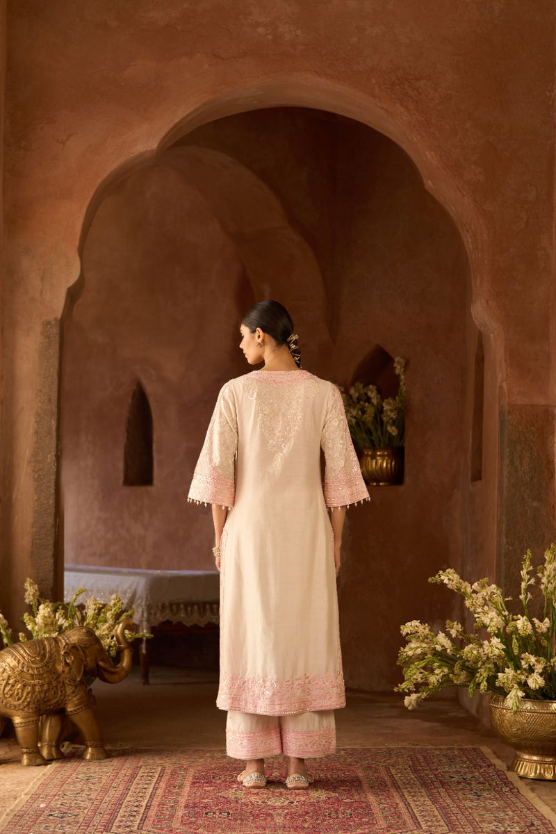 NURVI - DAISY IVORY WITH PINK LONG A-LINE KURTA WITH PALAZZO AND DUPATTA silk organza kurta/kurta set by SHEETAL BATRA in daisy ivory with pink for women in Singapore