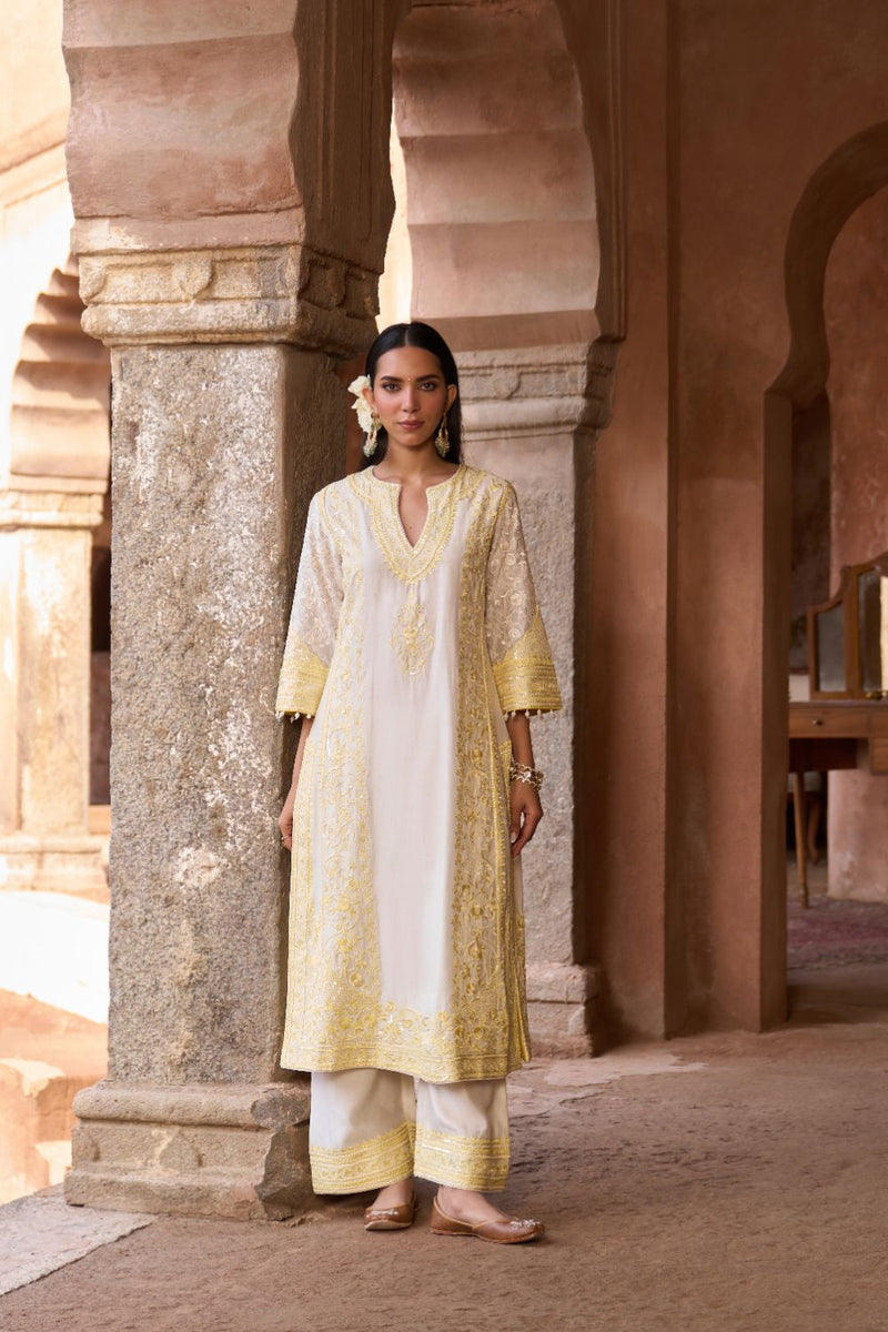 NURVI - DAISY IVORY WITH LEMON YELLOW LONG A-LINE KURTA WITH PALAZZO AND DUPATTA silk organza kurta/kurta set by SHEETAL BATRA in daisy ivory with lemon yellow for women in Singapore