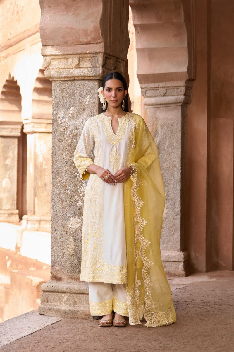 NURVI - DAISY IVORY WITH LEMON YELLOW LONG A-LINE KURTA WITH PALAZZO AND DUPATTA silk organza kurta/kurta set by SHEETAL BATRA in daisy ivory with lemon yellow for women in Singapore