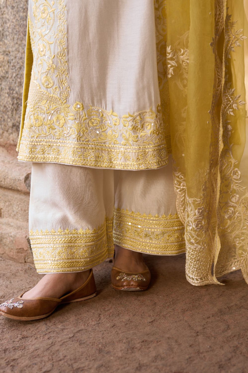 NURVI - DAISY IVORY WITH LEMON YELLOW LONG A-LINE KURTA WITH PALAZZO AND DUPATTA silk organza kurta/kurta set by SHEETAL BATRA in daisy ivory with lemon yellow for women in Singapore