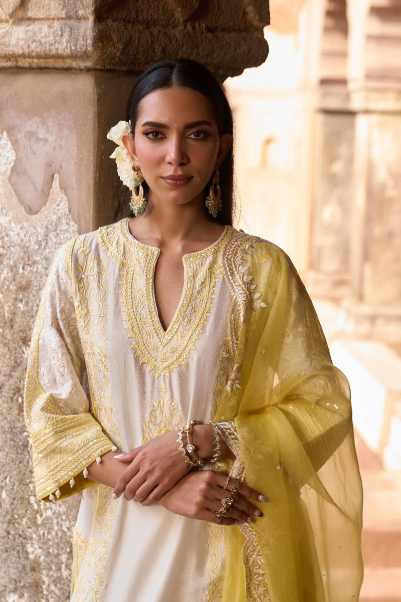 NURVI - DAISY IVORY WITH LEMON YELLOW LONG A-LINE KURTA WITH PALAZZO AND DUPATTA silk organza kurta/kurta set by SHEETAL BATRA in daisy ivory with lemon yellow for women in Singapore