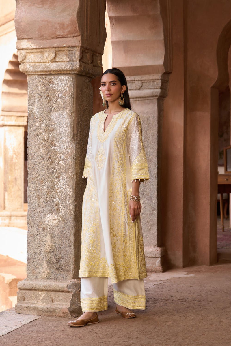 NURVI - DAISY IVORY WITH LEMON YELLOW LONG A-LINE KURTA WITH PALAZZO AND DUPATTA silk organza kurta/kurta set by SHEETAL BATRA in daisy ivory with lemon yellow for women in Singapore