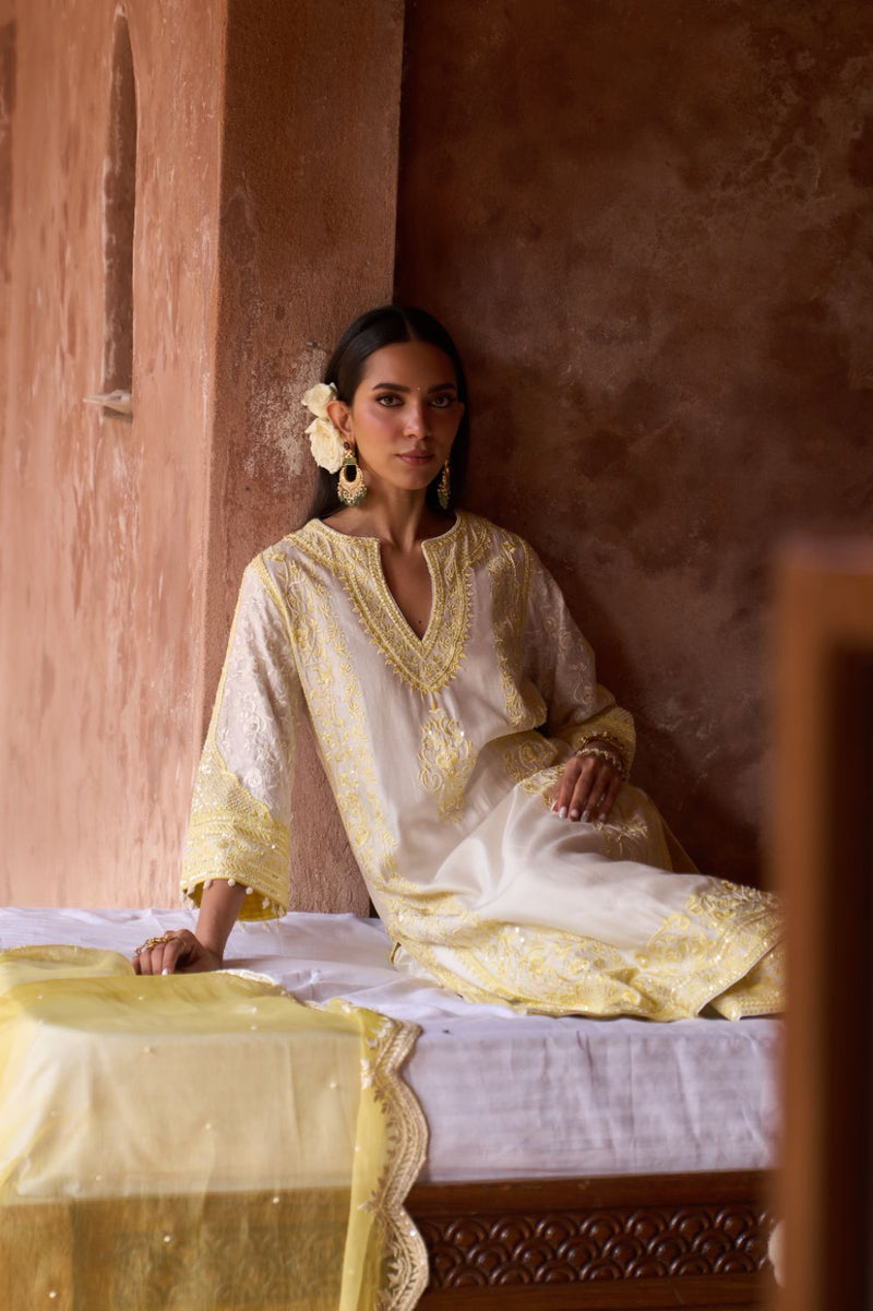 NURVI - DAISY IVORY WITH LEMON YELLOW LONG A-LINE KURTA WITH PALAZZO AND DUPATTA silk organza kurta/kurta set by SHEETAL BATRA in daisy ivory with lemon yellow for women in Singapore