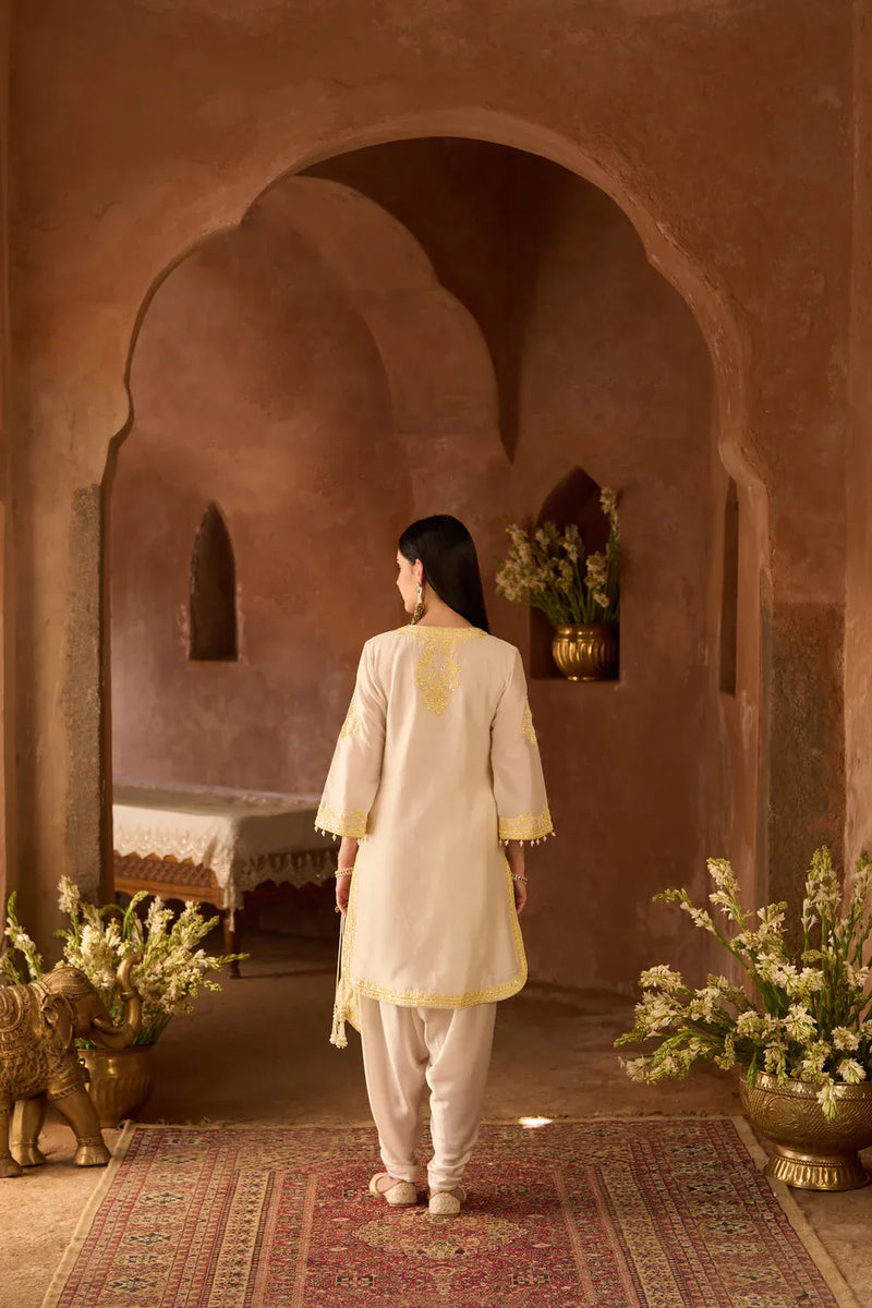 NYRA - DAISY IVORY WITH LEMON YELLOW SHORT KURTA AND DHOTI silk chanderi kurta/kurta set by SHEETAL BATRA in daisy ivory with lemon yellow for women in Singapore