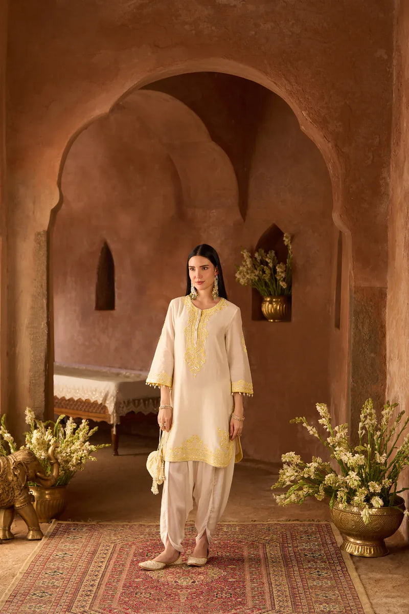 NYRA - DAISY IVORY WITH LEMON YELLOW SHORT KURTA AND DHOTI silk chanderi kurta/kurta set by SHEETAL BATRA in daisy ivory with lemon yellow for women in Singapore