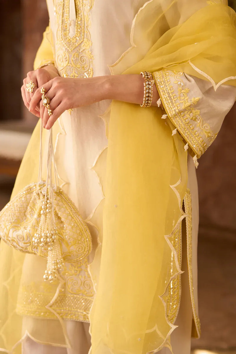 NYRA - DAISY IVORY WITH LEMON YELLOW SHORT KURTA AND DHOTI silk chanderi kurta/kurta set by SHEETAL BATRA in daisy ivory with lemon yellow for women in Singapore
