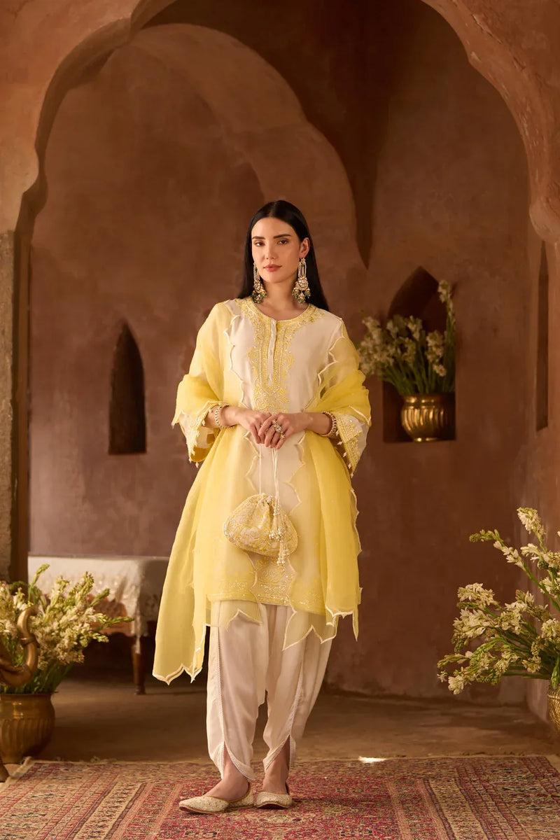 NYRA - DAISY IVORY WITH LEMON YELLOW SHORT KURTA AND DHOTI silk chanderi kurta/kurta set by SHEETAL BATRA in daisy ivory with lemon yellow for women in Singapore