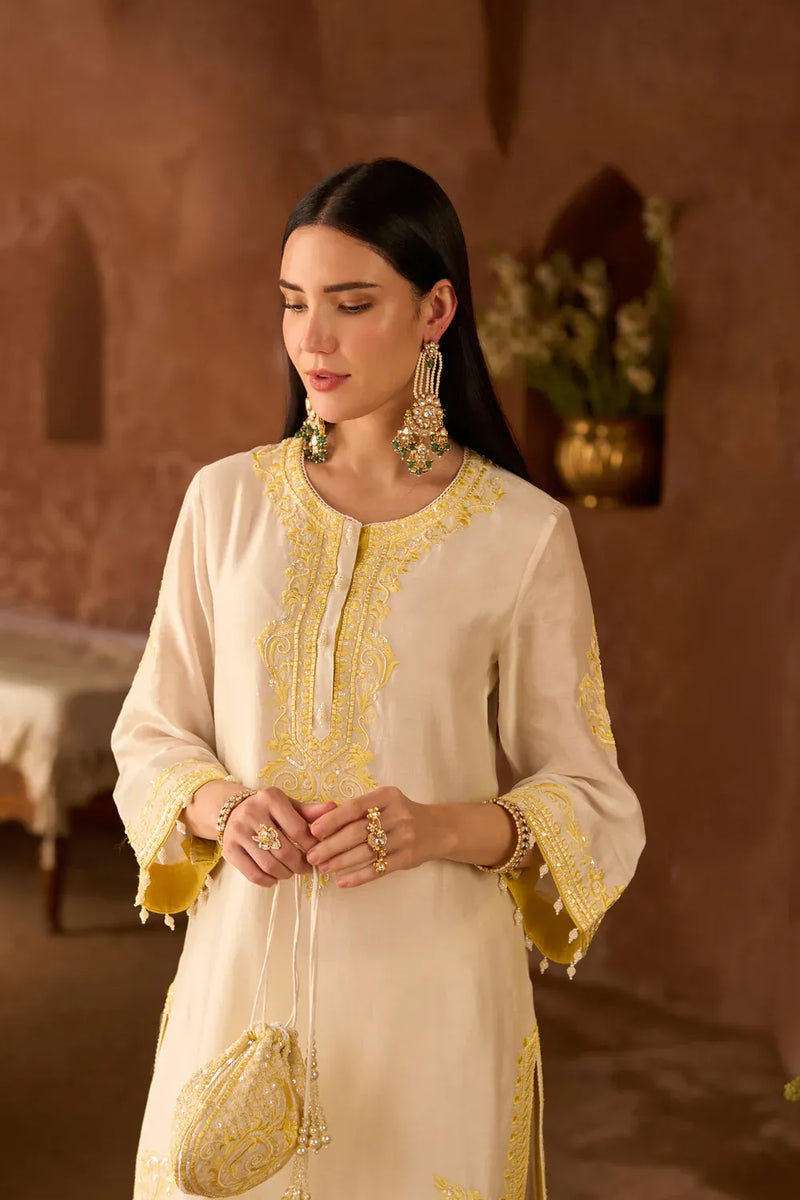 NYRA - DAISY IVORY WITH LEMON YELLOW SHORT KURTA AND DHOTI silk chanderi kurta/kurta set by SHEETAL BATRA in daisy ivory with lemon yellow for women in Singapore