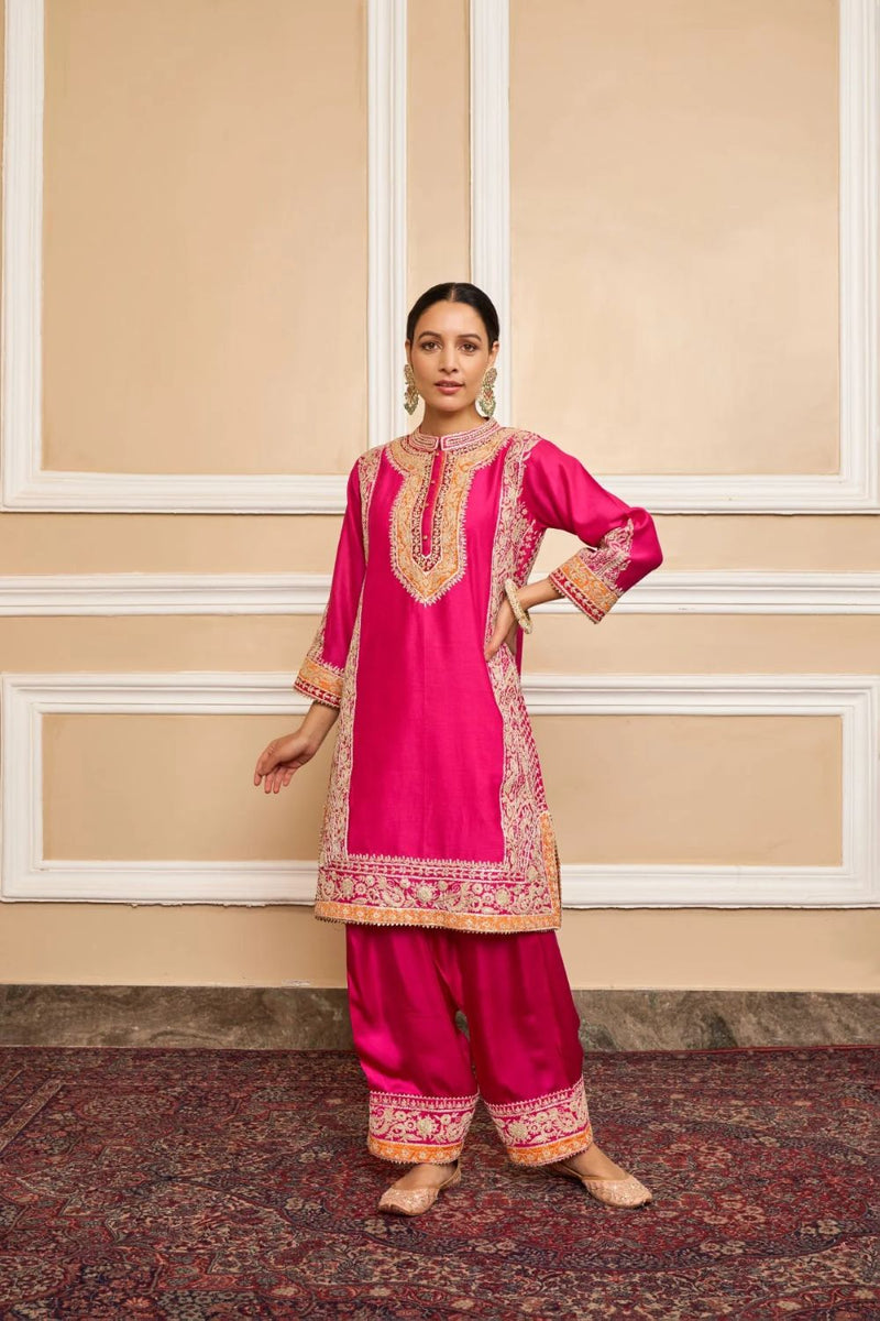Naayaab Straight kurta with salwar and dupatta-Hotpink silk by SHEETAL BATRA in pink color for women in Singapore