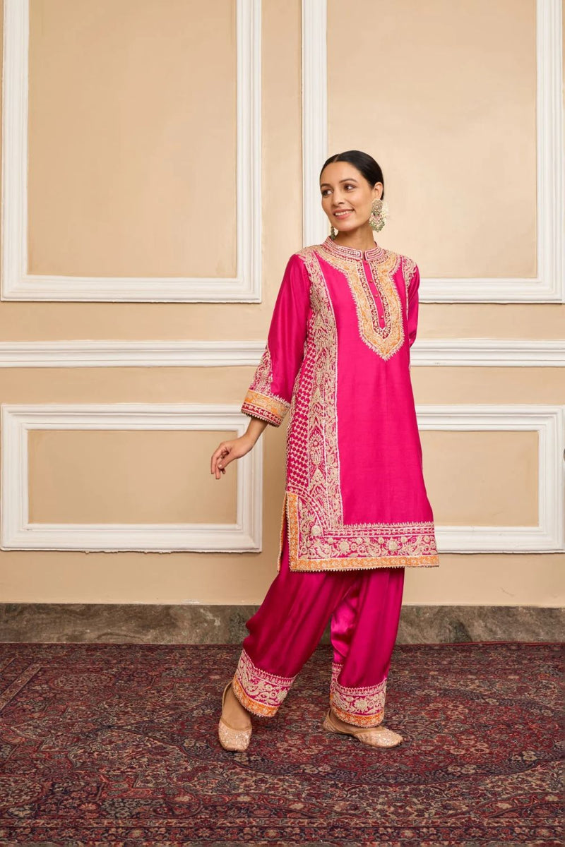 Naayaab Straight kurta with salwar and dupatta-Hotpink silk by SHEETAL BATRA in pink color for women in Singapore