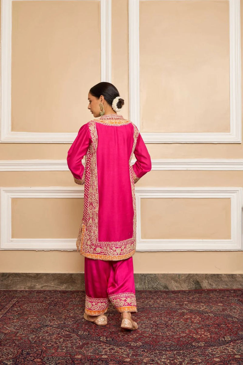 Naayaab Straight kurta with salwar and dupatta-Hotpink silk by SHEETAL BATRA in pink color for women in Singapore