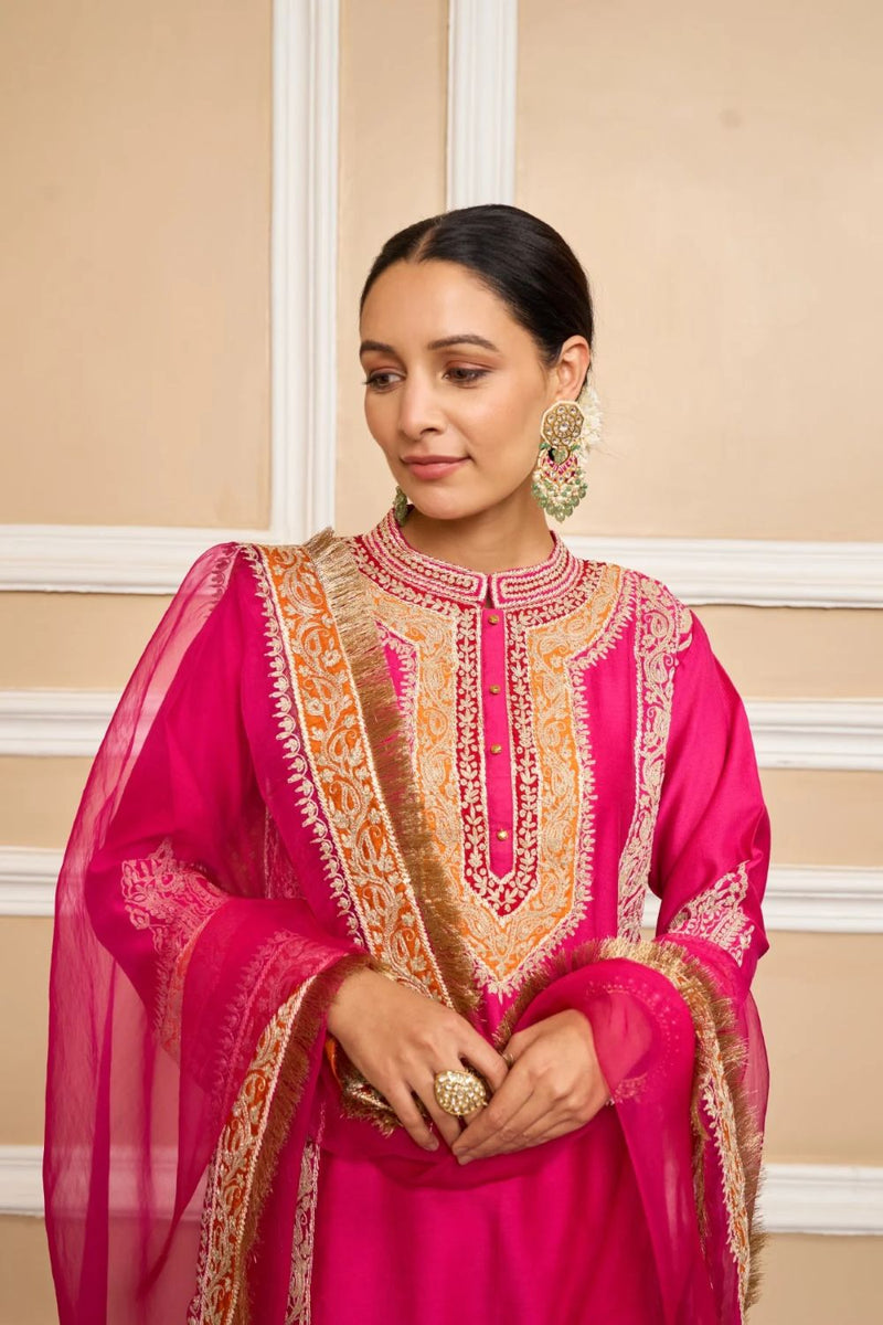 Naayaab Straight kurta with salwar and dupatta-Hotpink silk by SHEETAL BATRA in pink color for women in Singapore
