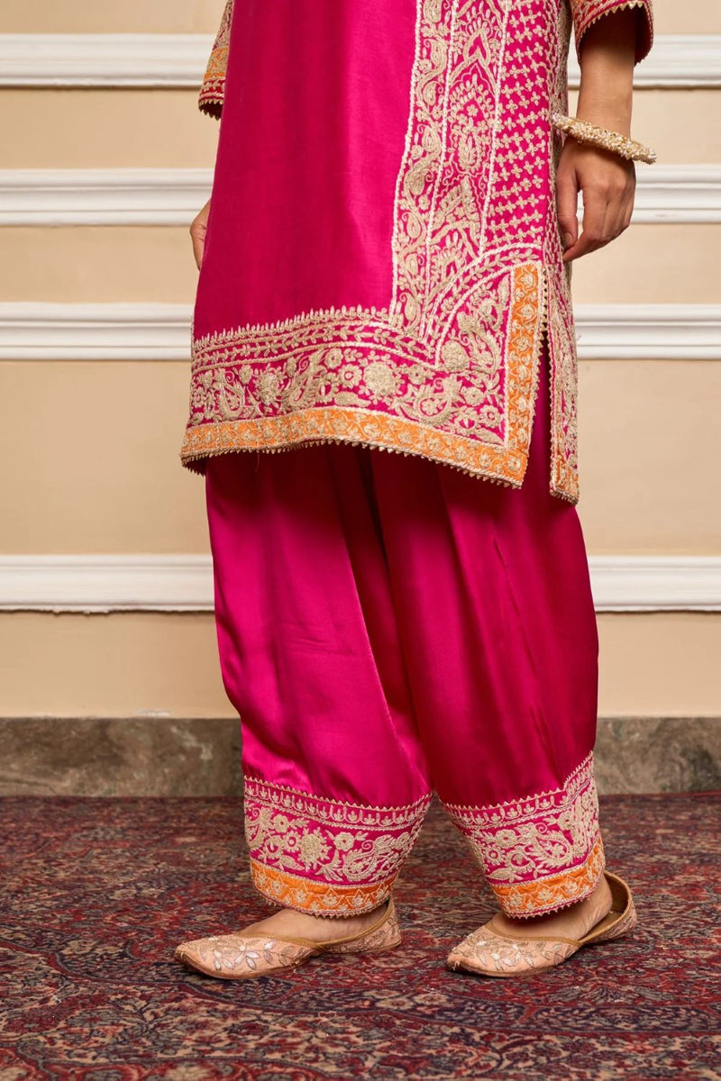 Naayaab Straight kurta with salwar and dupatta-Hotpink silk by SHEETAL BATRA in pink color for women in Singapore