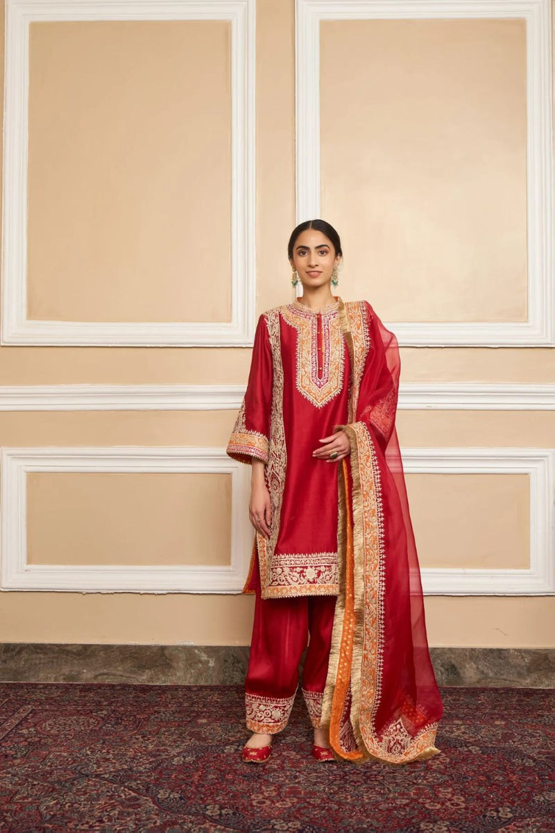 Naayaab Straight kurta with salwar and dupatta-Deep red silk by SHEETAL BATRA in red color for women in Singapore