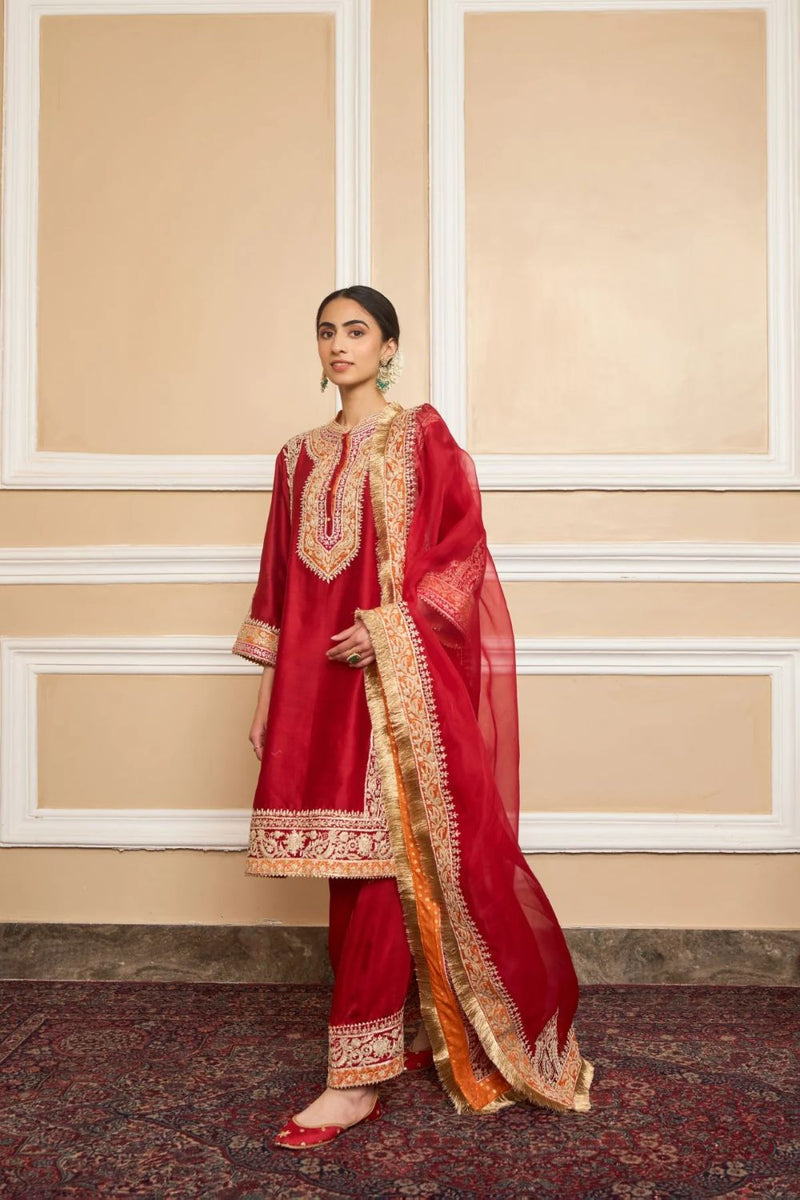 Naayaab Straight kurta with salwar and dupatta-Deep red silk by SHEETAL BATRA in red color for women in Singapore