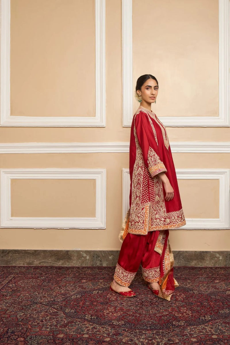 Naayaab Straight kurta with salwar and dupatta-Deep red silk by SHEETAL BATRA in red color for women in Singapore