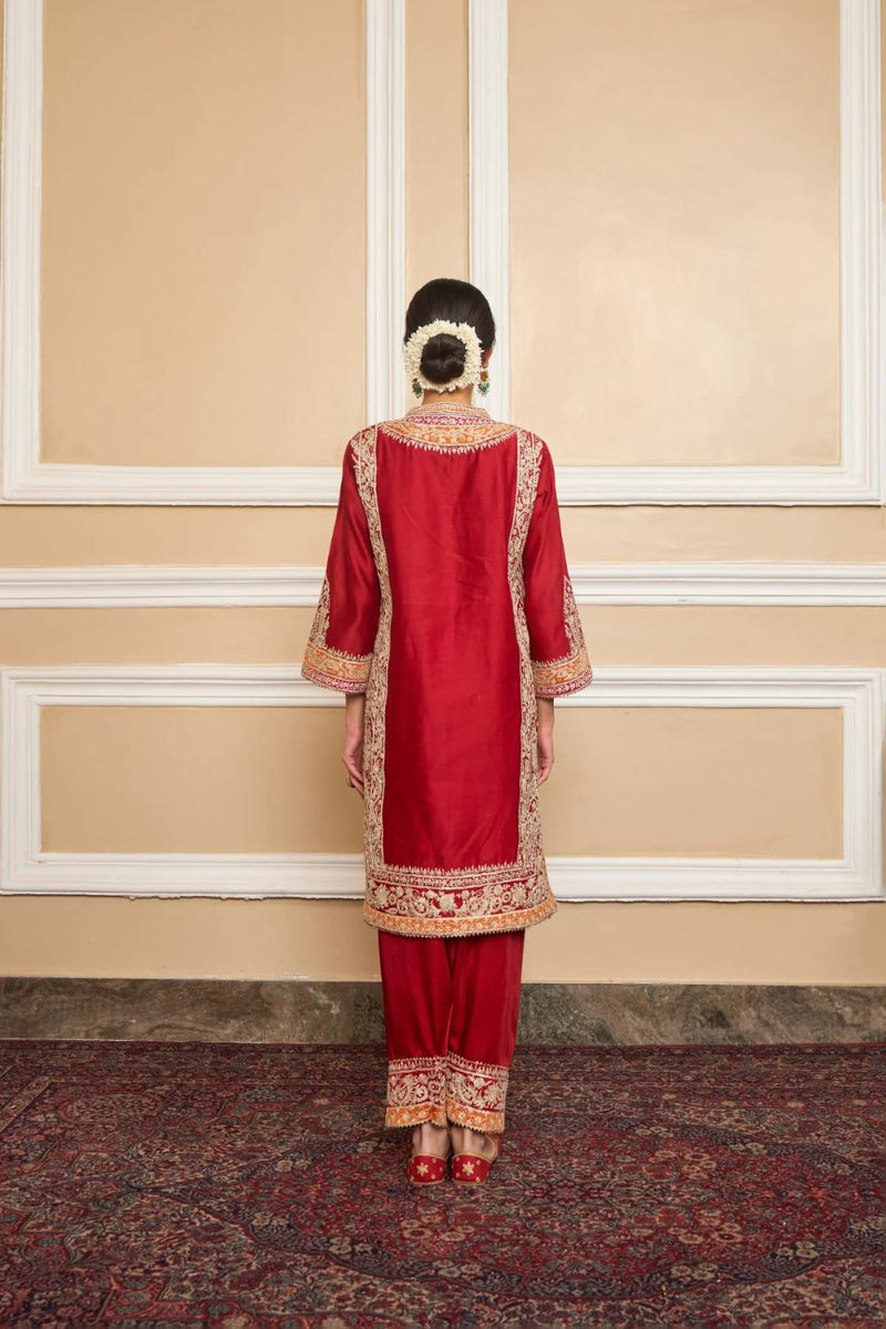 Naayaab Straight kurta with salwar and dupatta-Deep red silk by SHEETAL BATRA in red color for women in Singapore