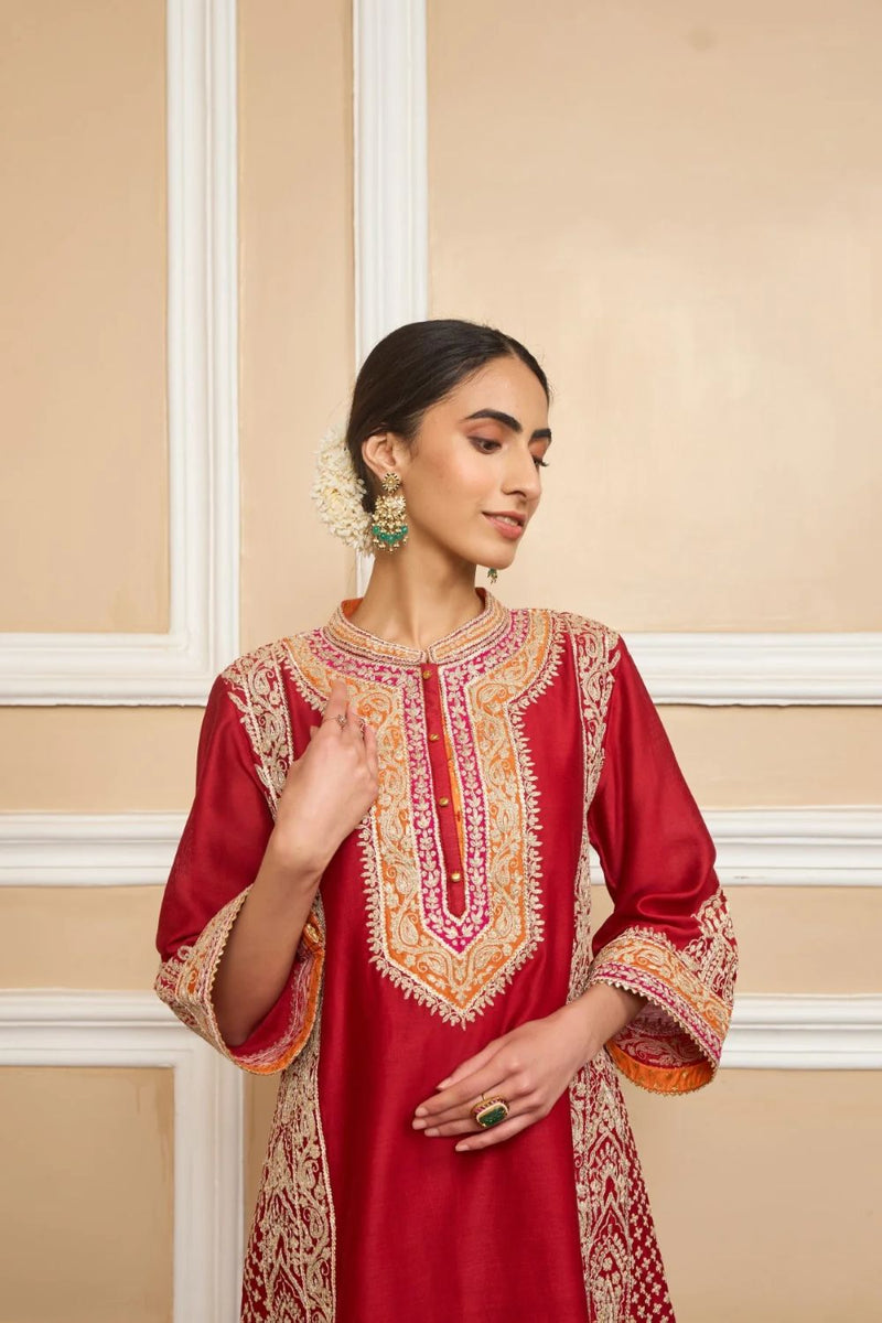 Naayaab Straight kurta with salwar and dupatta-Deep red silk by SHEETAL BATRA in red color for women in Singapore