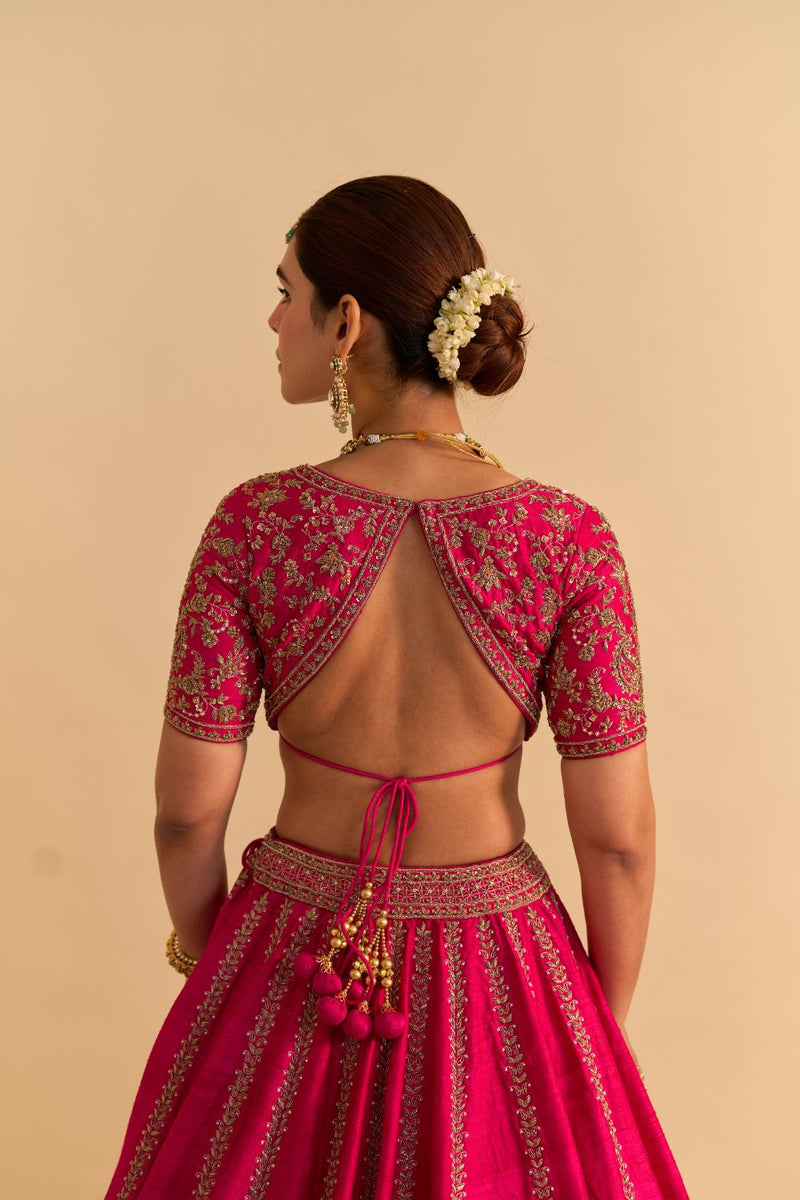 Naazila - Dabka Zardozi Embroidered Raw Silk Hotpink Lehenga Set by SHEETAL BATRA in pink color for women in Singapore