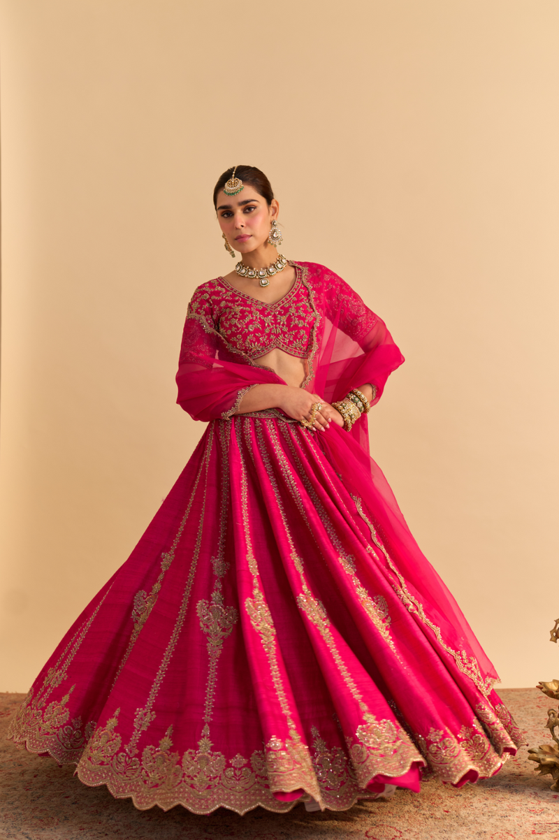 Naazila - Dabka Zardozi Embroidered Raw Silk Hotpink Lehenga Set by SHEETAL BATRA in pink color for women in Singapore