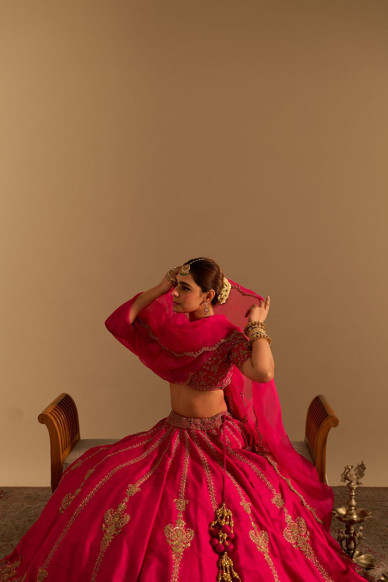 Naazila - Dabka Zardozi Embroidered Raw Silk Hotpink Lehenga Set by SHEETAL BATRA in pink color for women in Singapore