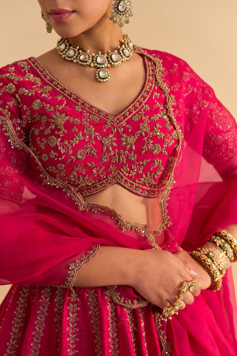Naazila - Dabka Zardozi Embroidered Raw Silk Hotpink Lehenga Set by SHEETAL BATRA in pink color for women in Singapore