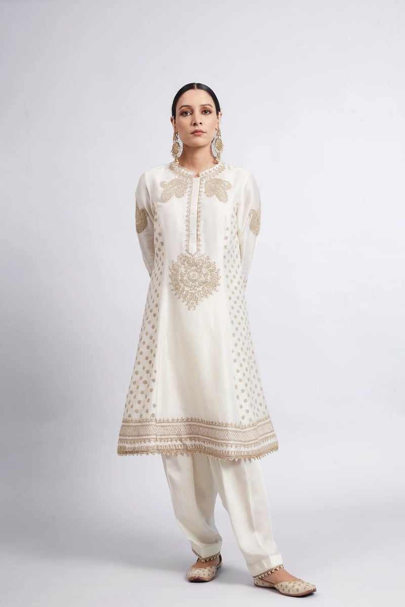 Naazira A-line short kurta with salwar and dupatta-Daisy Ivory silk by SHEETAL BATRA in ivory color for women in Singapore