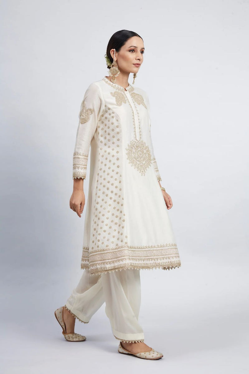Naazira A-line short kurta with salwar and dupatta-Daisy Ivory silk by SHEETAL BATRA in ivory color for women in Singapore