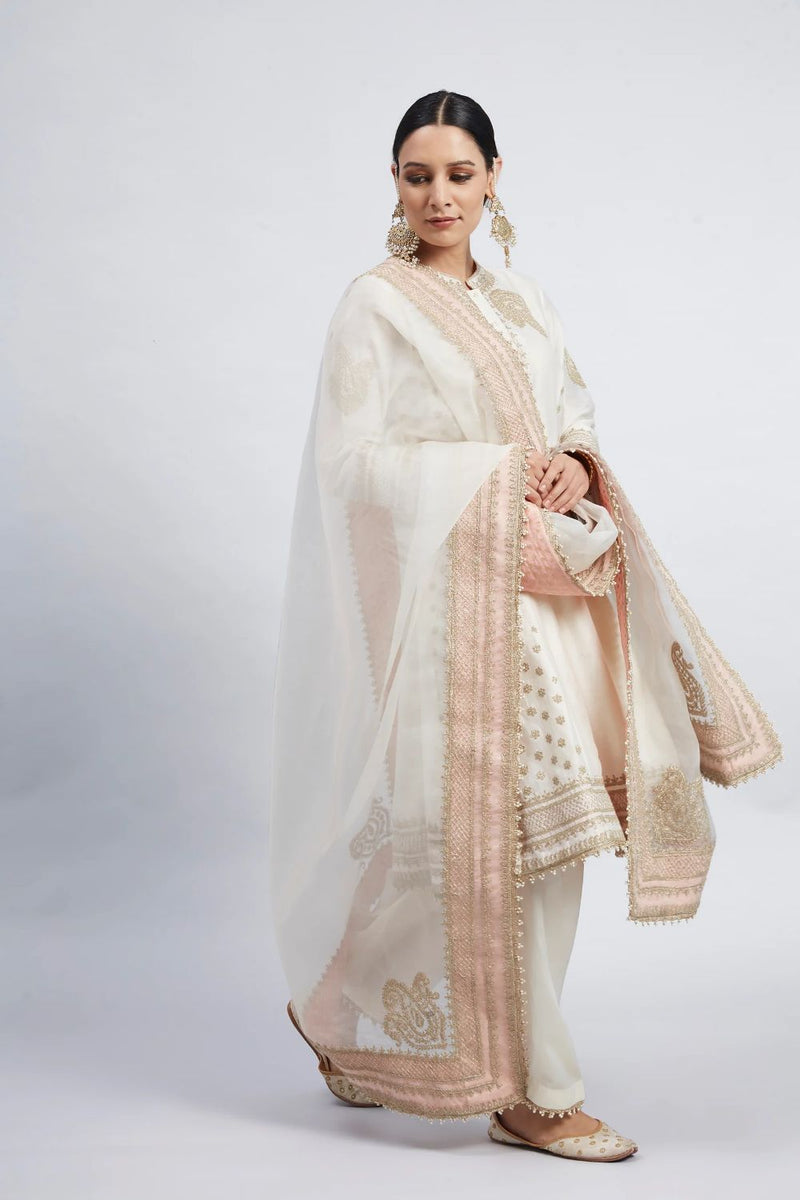 Naazira A-line short kurta with salwar and dupatta-Daisy Ivory silk by SHEETAL BATRA in ivory color for women in Singapore
